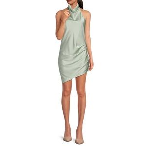 Peyton Ruched Satin Cowl Halter Neck Sleeveless Open Back Mini Sheath Dress